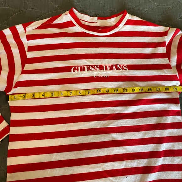 Vintage Guess Jeans red and white striped mock neck 3/4 sleeve shirt L - Picture 8 of 10
